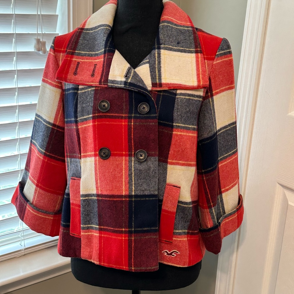 HOLLISTER PLAID DOUBLE BREASTED 3/4 SLEEVE PEACOAT